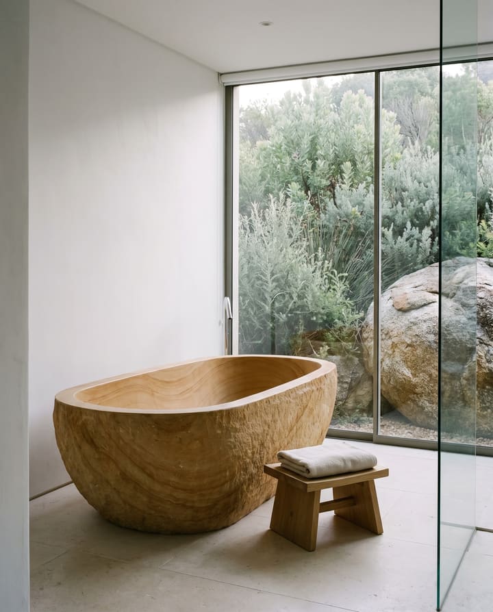 A villa bathroom in morning light: a bath carved from one block of sandstone beside a glass wall onto fynbos