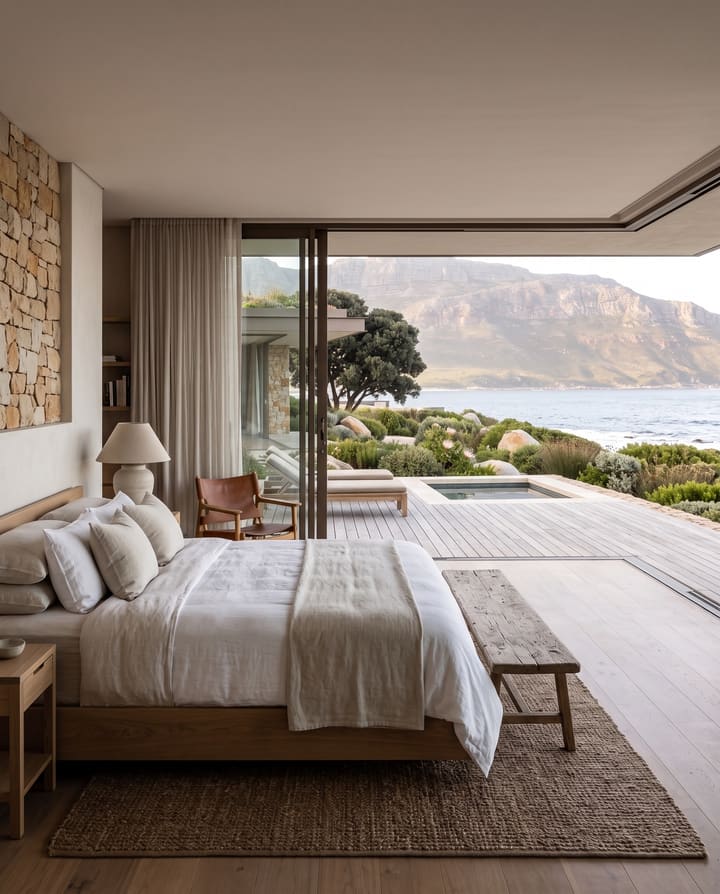 A villa bedroom in morning light, white linen, the glass wall open to the deck and the sea
