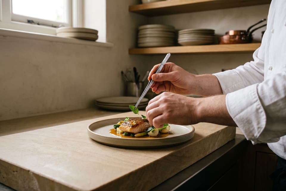 At the kitchen pass, the chef’s hands place a last herb leaf on a finished plate with fine tweezers
