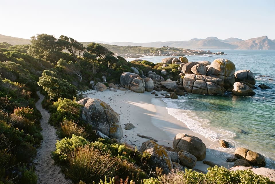 A small sand cove between granite boulders below the estate, clear water, a path down through the fynbos