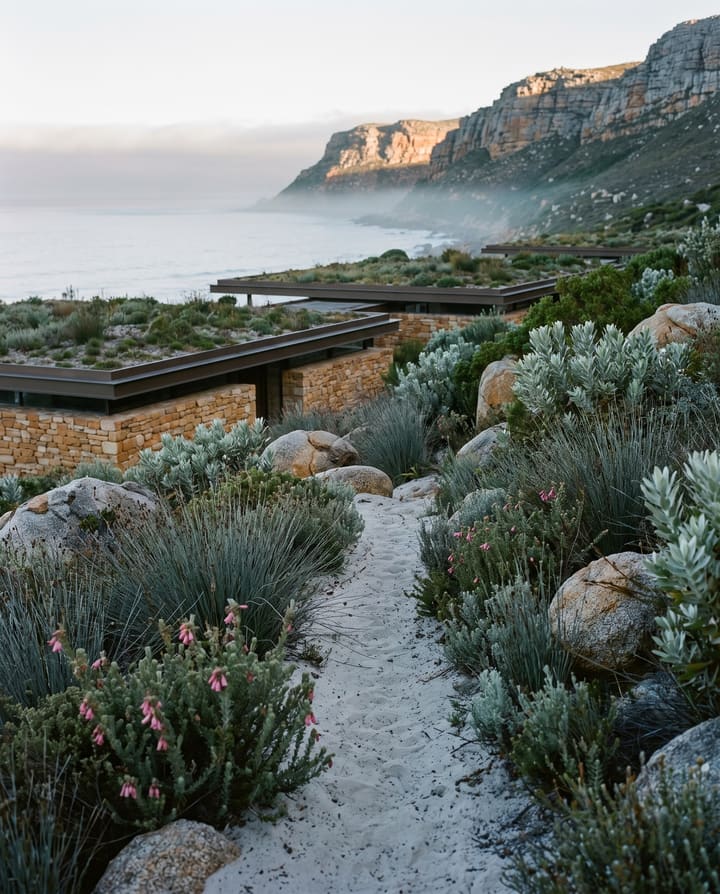 A sand path through fynbos and granite above the planted roofs of the retreat at first light, mist on the sea