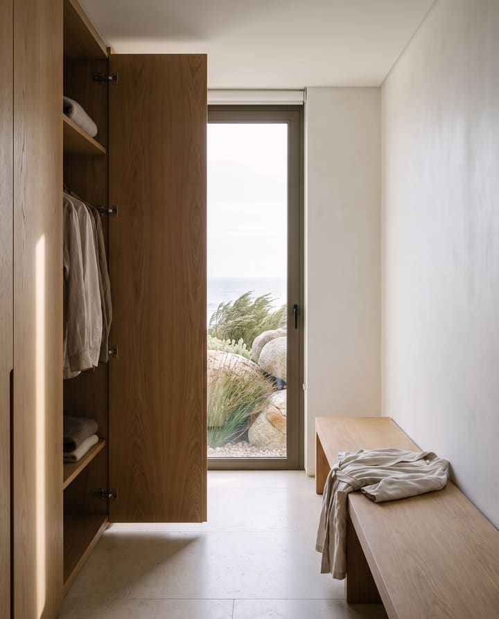 A villa dressing room: oak cupboards, one open with linen shirts, a bench with a linen robe, a tall window onto granite boulders and the sea