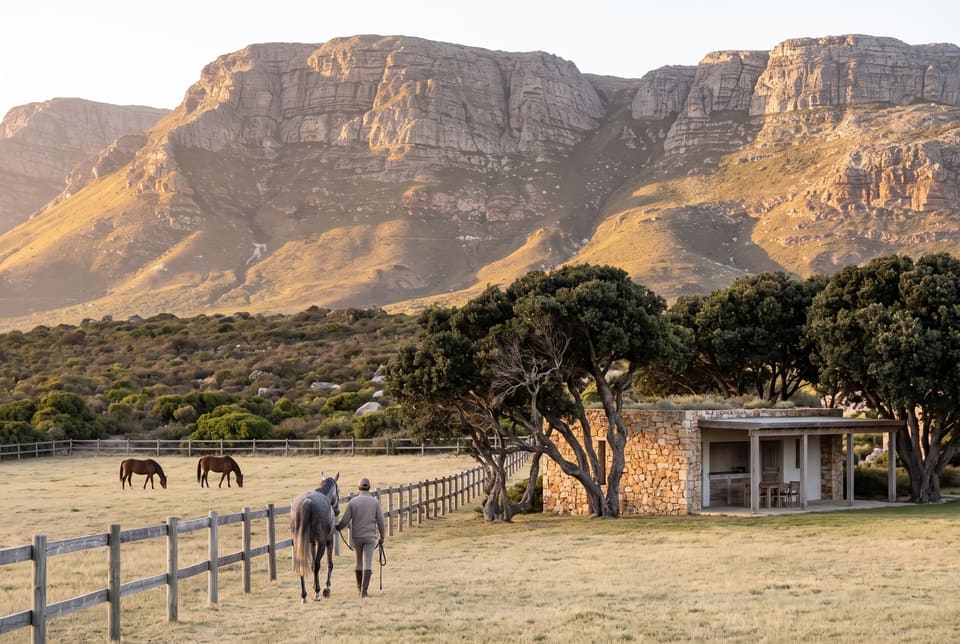 A rider leads a grey horse along a timber fence in a paddock, two horses grazing, the mountain behind