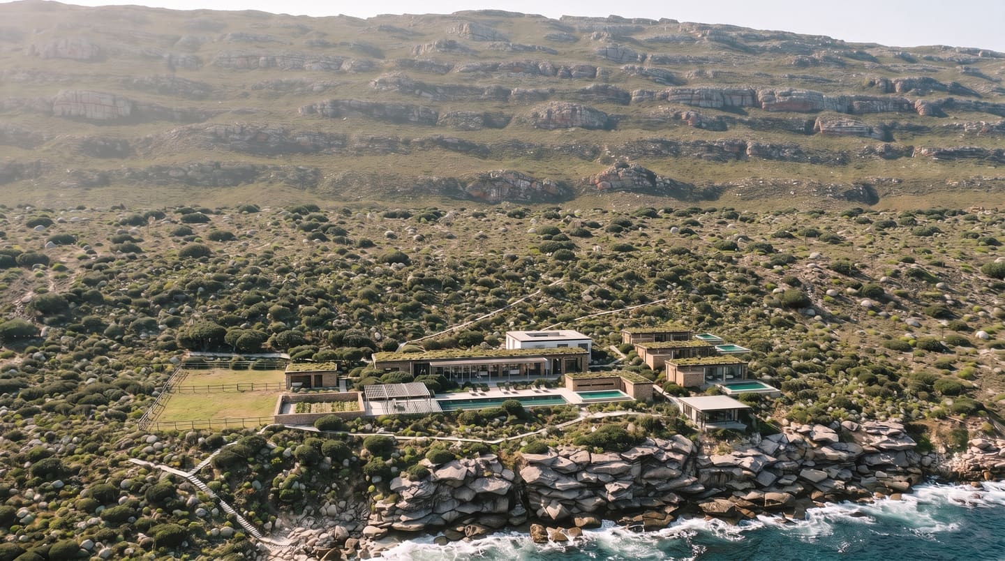 The estate from above the sea in late morning: the long stone house under a planted roof, the pool, spa and dining pavilion below it, the therapy house behind, three villas on the slope, the fenced paddocks and kitchen garden, granite cliffs and surf, the layered ridge inland