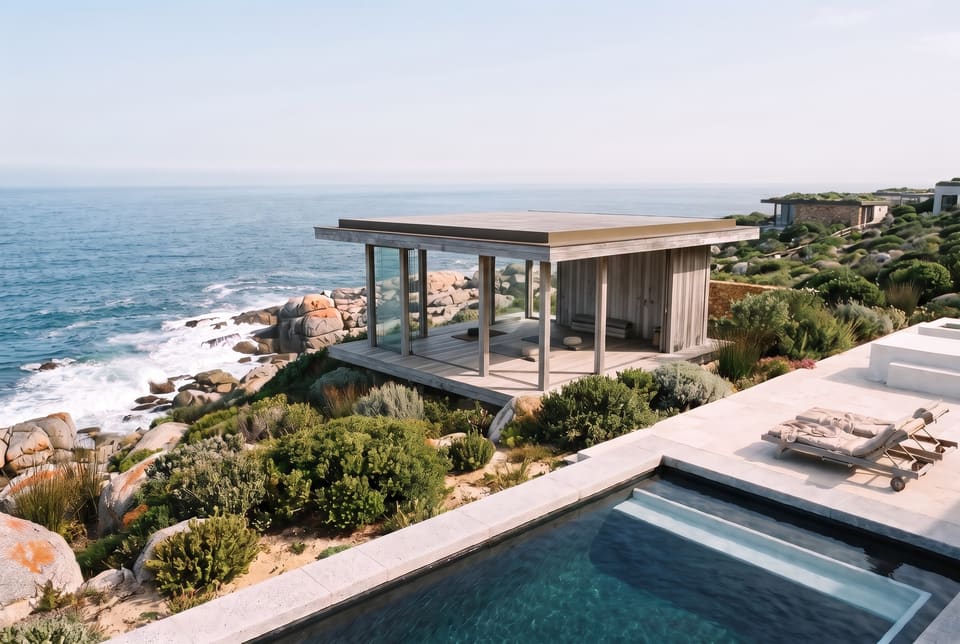 A villa deck of pale stone and a plunge pool above fynbos and granite boulders, the open timber movement pavilion on the granite below, surf on the rocks and the open sea