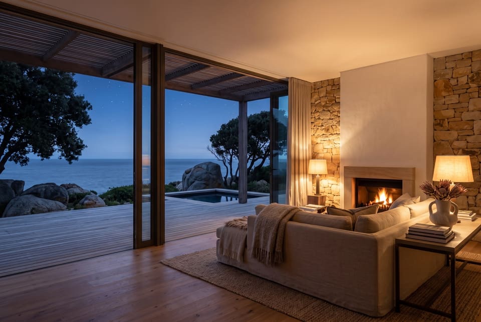 A villa sitting room at night, a fire lit, lamps on, the doors open to the deck and the dark sea