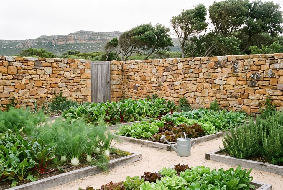 The walled kitchen garden: raised beds of fennel, chard and lettuces inside a sandstone wall, a timber gate
