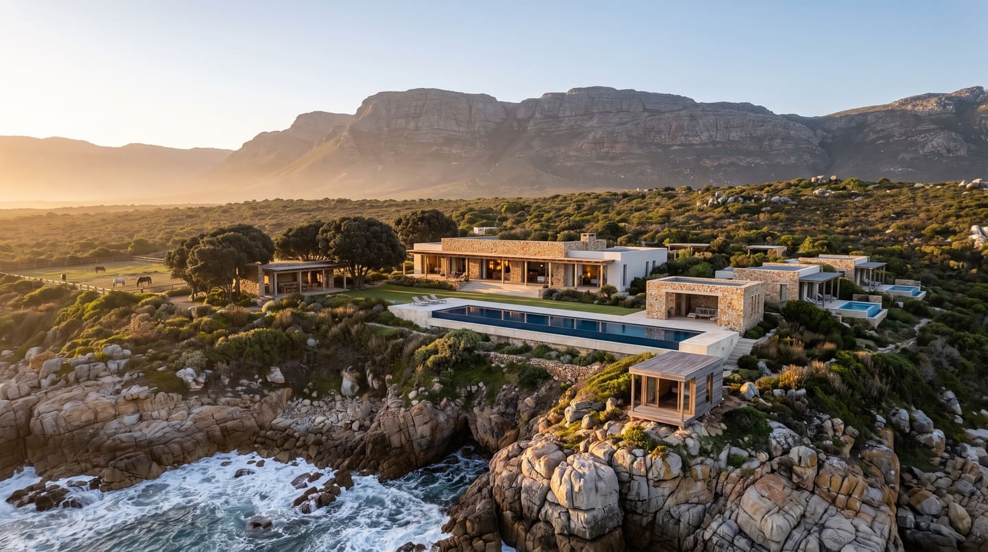 The retreat from the sea in late afternoon: a long, low stone house above an infinity pool, guest villas on the slope, the mountain behind