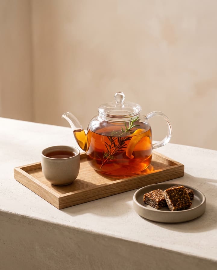 A glass teapot of amber rooibos with a herb sprig and orange peel, a stoneware cup and a small dish of honey-and-seed squares on an oak tray