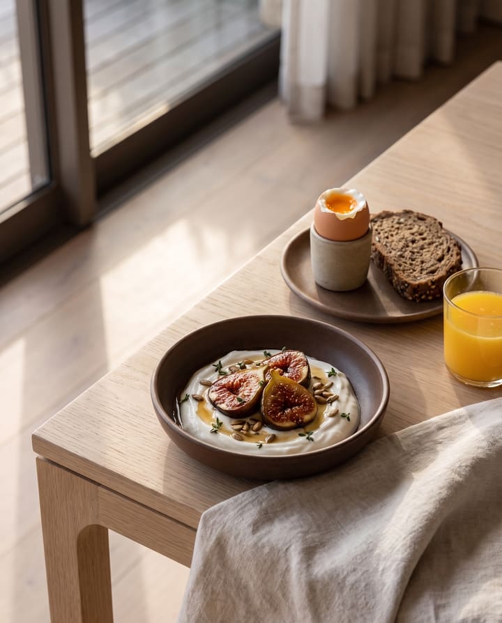 Breakfast on an oak table in morning sun: yoghurt with roasted figs, honey and seeds, a soft-boiled egg in a stoneware cup, seeded bread and orange juice