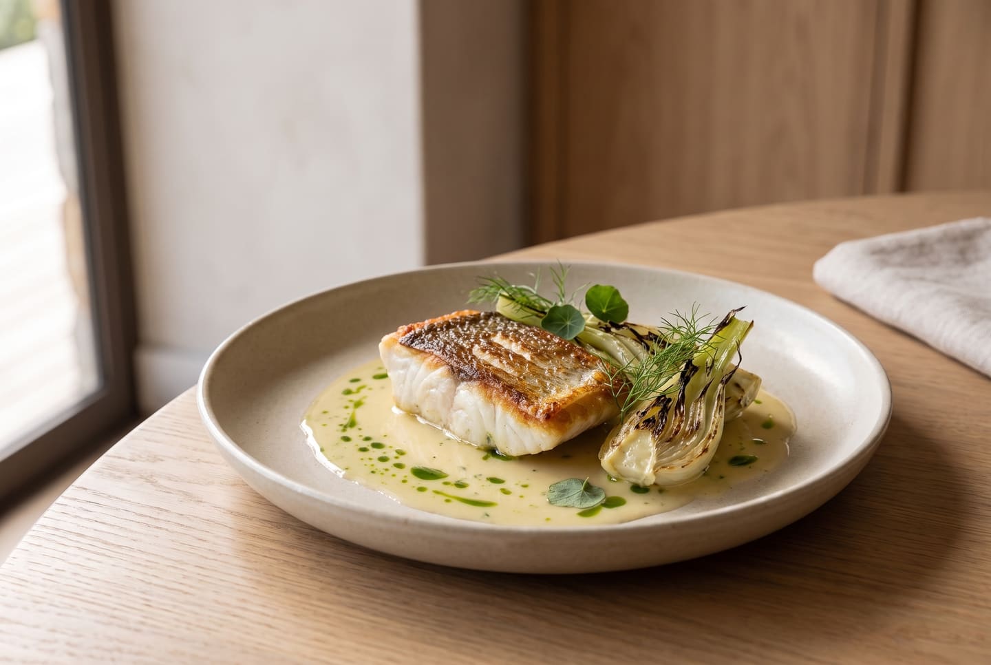 A plated main course: seared kob with crisp golden skin on beurre blanc flecked with herb oil, charred fennel and nasturtium leaves, on an oat stoneware plate