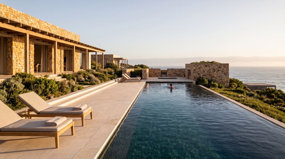 The infinity pool beside the main house in late sun, one swimmer at the far end, the sea beyond