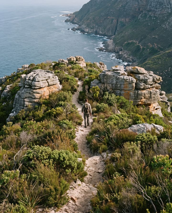A walker on a narrow path through fynbos and sandstone outcrops on the ridge, the coast and the sea far below