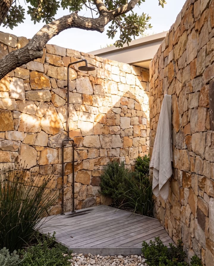 An outdoor shower in a court of rubble sandstone under a milkwood branch, a timber floor, a linen towel on the wall