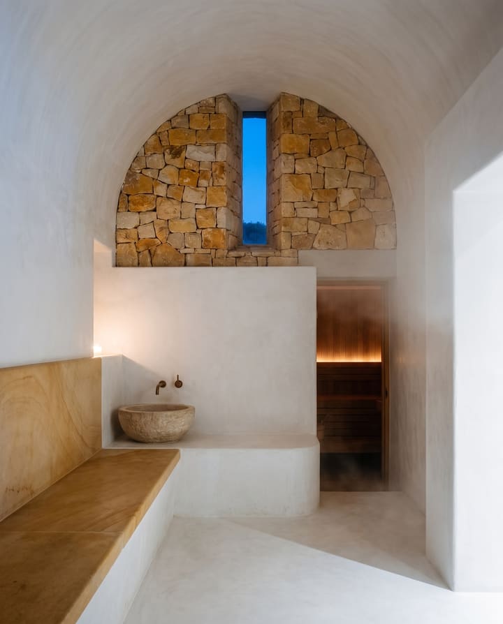 The hammam at dusk: a vaulted limewash room, a sandstone bench and basin, a slit window of blue sky, the sauna lit beyond