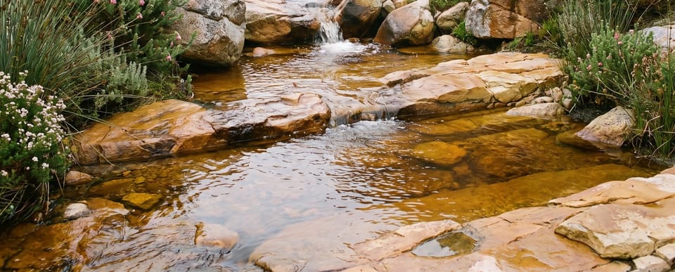 A small fynbos stream over flat sandstone, its clear water the colour of strong tea
