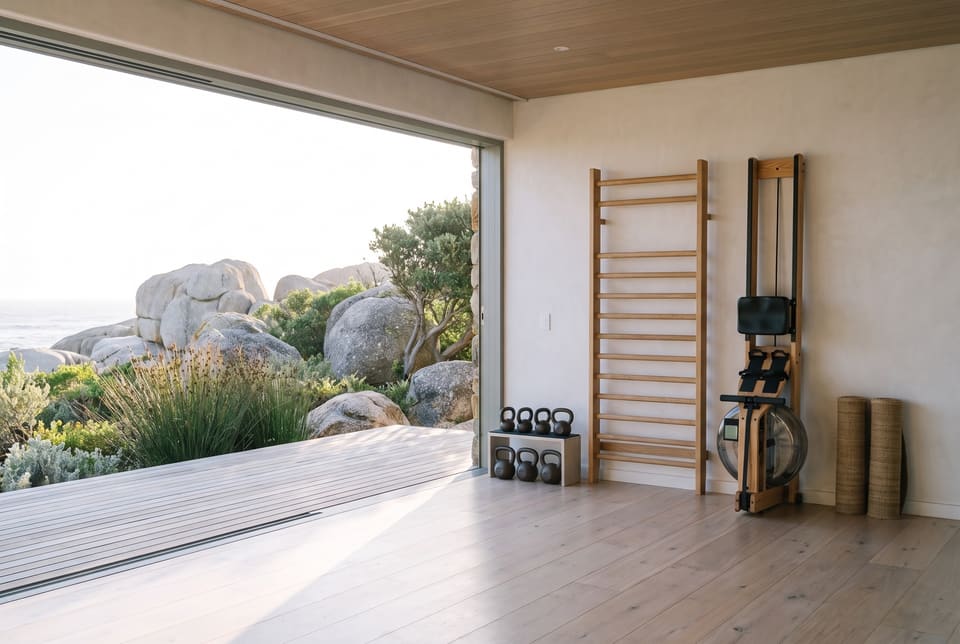 The end of the movement pavilion: an oak floor, a wooden rower, kettlebells, a wall bar and granite boulders through open glass
