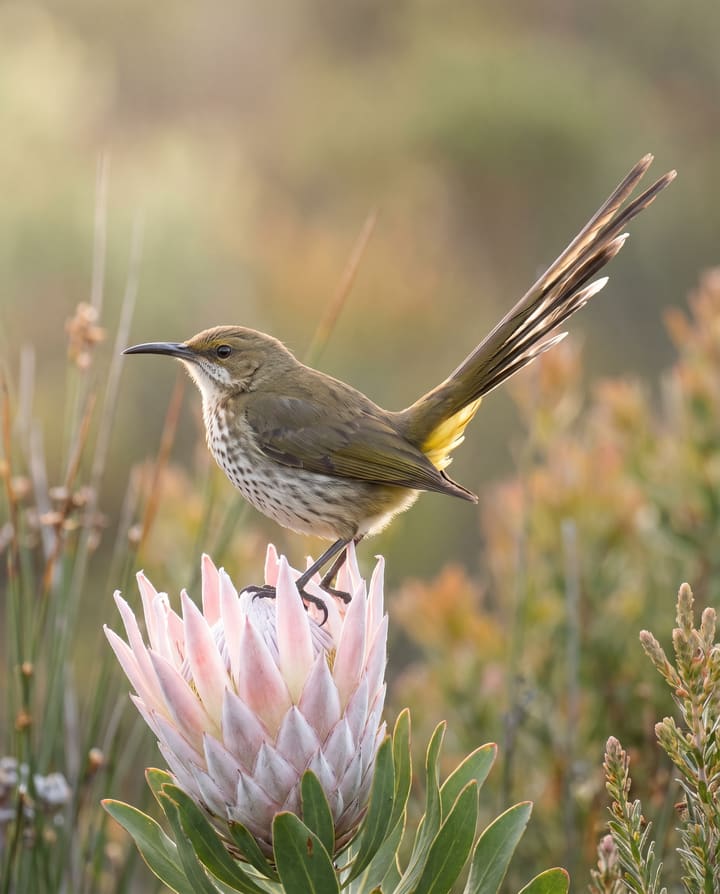 A Cape sugarbird perched on a king protea in the fynbos