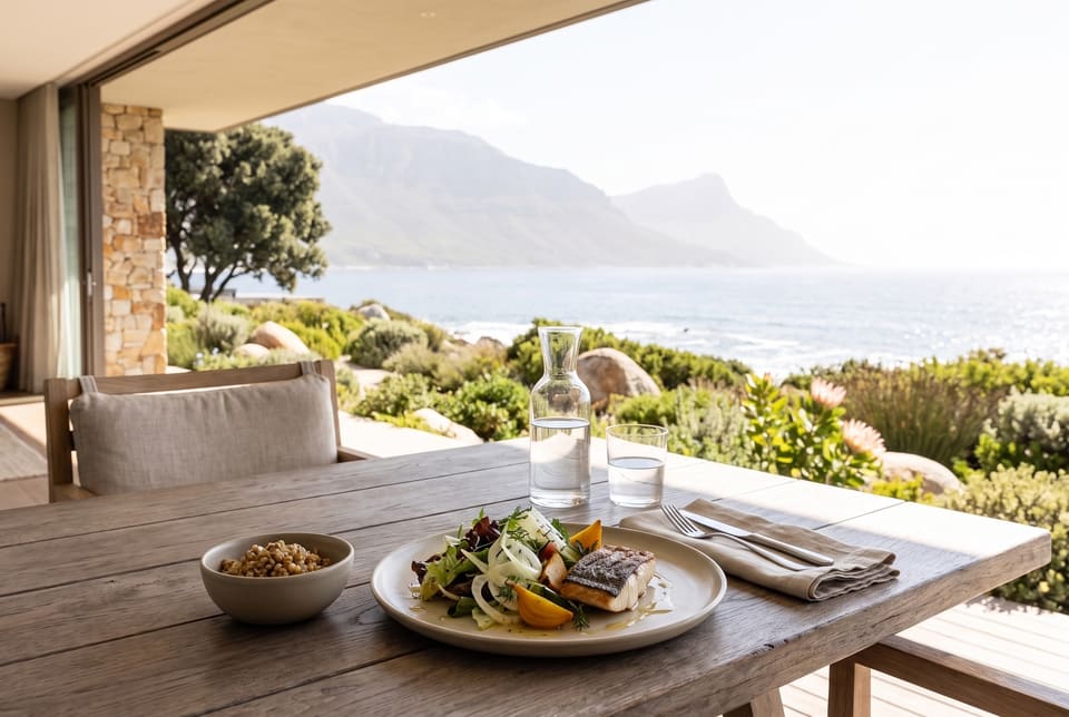 Lunch laid on a shaded villa deck at midday, the fynbos and the sea bright beyond