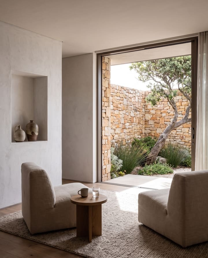 A quiet room with two linen chairs and a small oak table, its glass door open to a walled courtyard and a milkwood tree
