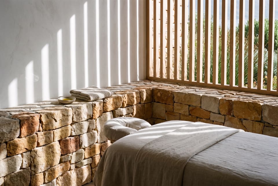 A treatment bed in linen beside a sandstone ledge with a dish of oil, afternoon light striped by an oak screen