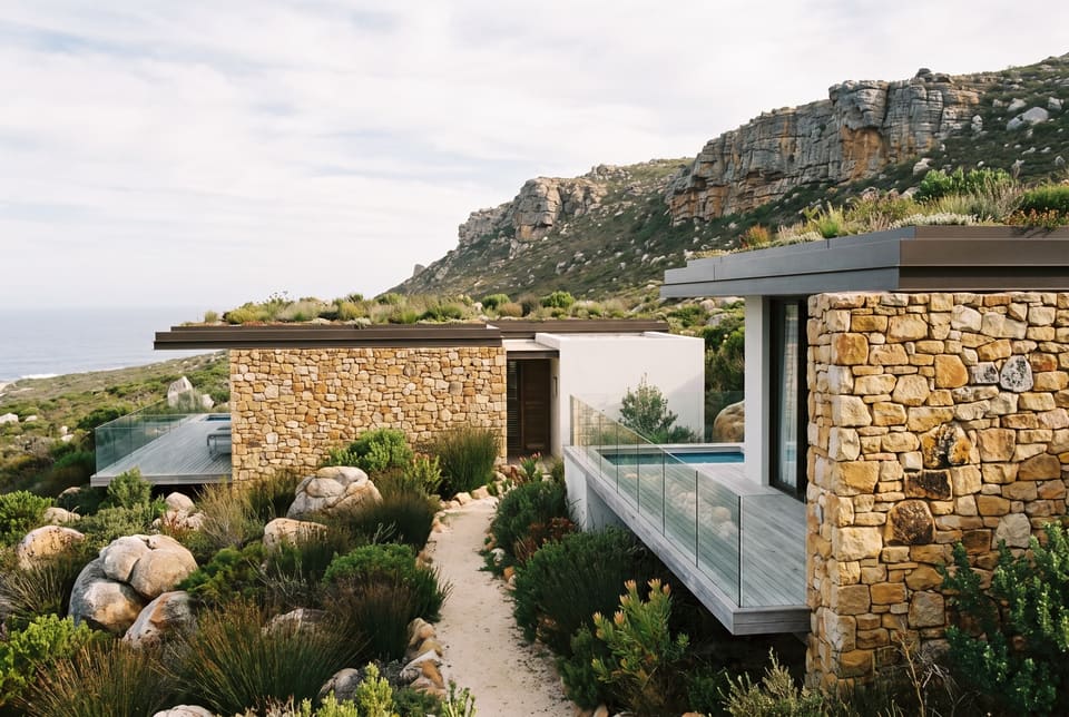 The villa and its guest wing on the fynbos slope, linked by a sand path, with planted roofs, timber decks and a plunge pool