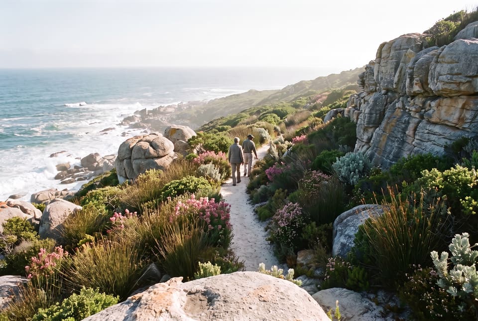 A guest and a guide walking a sand path through flowering fynbos and granite above the sea