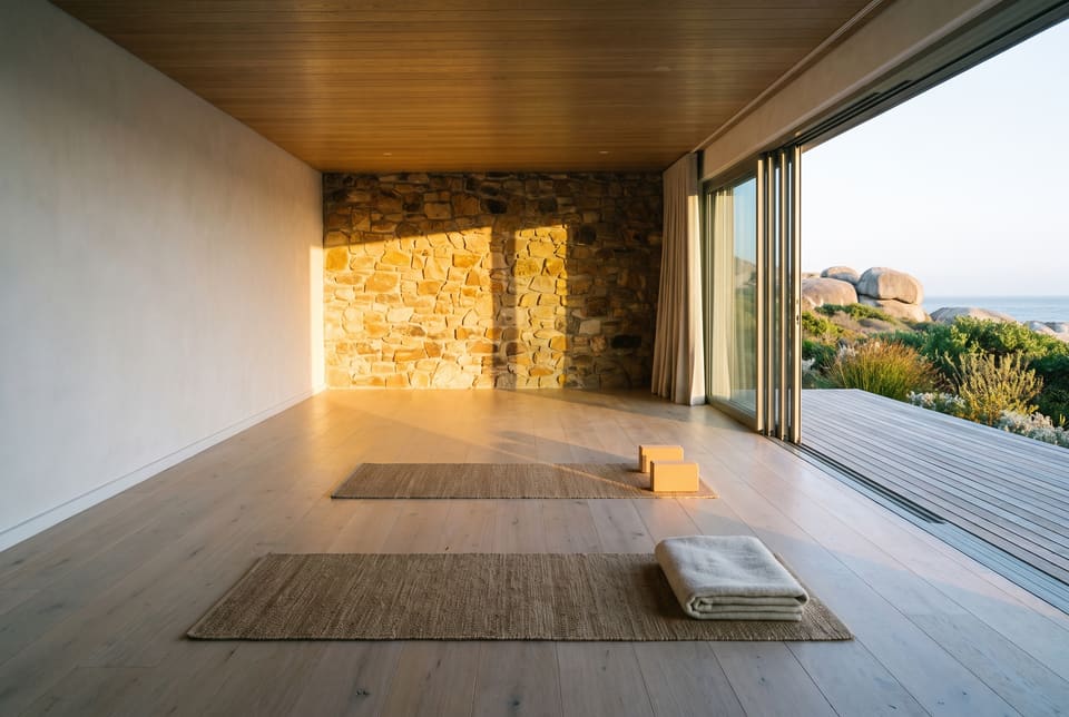 The movement studio at seven: two jute mats on an oak floor, low sun through a wall of open glass, granite and the sea beyond